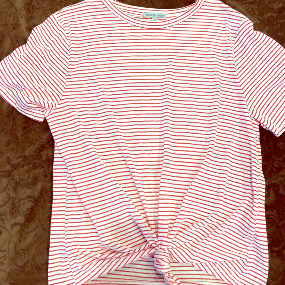 A red and white striped tie up shirt.